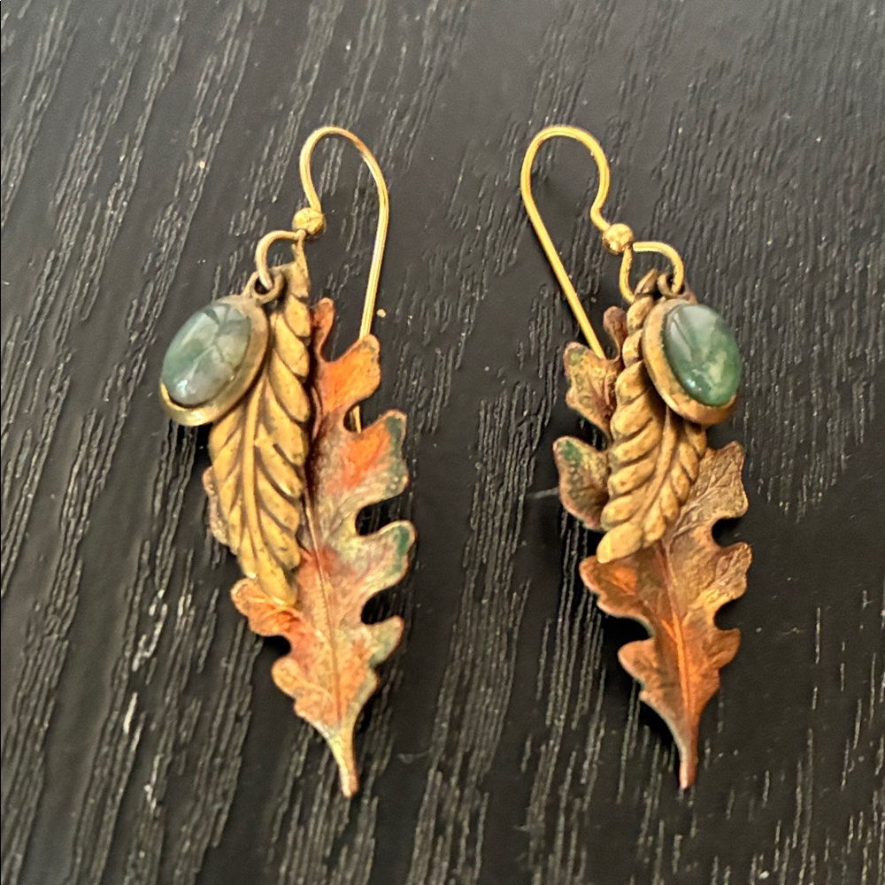 Handcrafted Gold Leaf Drop Earrings with Green Stone Accent